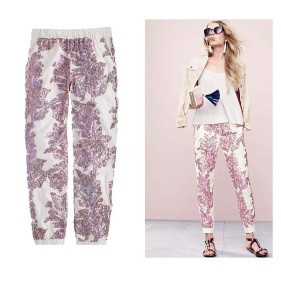 J.Crew Seaside Pant in Iridescent Sequin Ivory Linen Cotton Jogger Pants 8 C7451